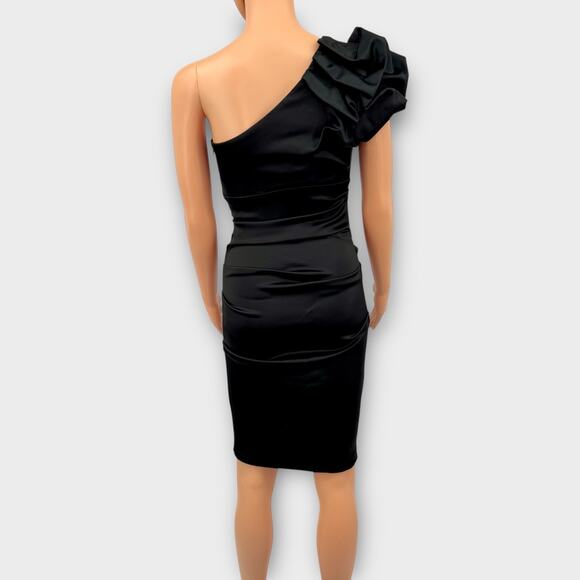 Cache Black Satin One Shoulder Ruched Cocktail Dress Size 4 Bow Accent Y2K Glam - Picture 9 of 16